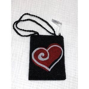 Ganz NWT Black Beaded Purse W/ Red, White Heart‎ Zip Topk Double Handles